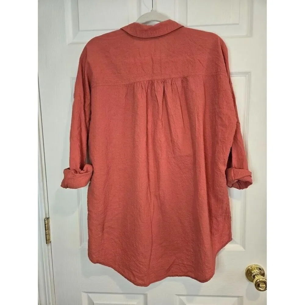 Free People Love Her Madly Long‎ XS Sleeve Button Up Tunic Shirt Coral Oversized